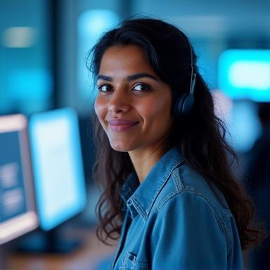 Portrait of Sarah Singh, Lead Customer Experience Specialist at CarRentalCanada, speaking on a headset.