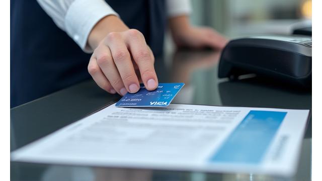 Hands exchanging a credit card and car rental agreement at a professional desk, symbolizing corporate billing