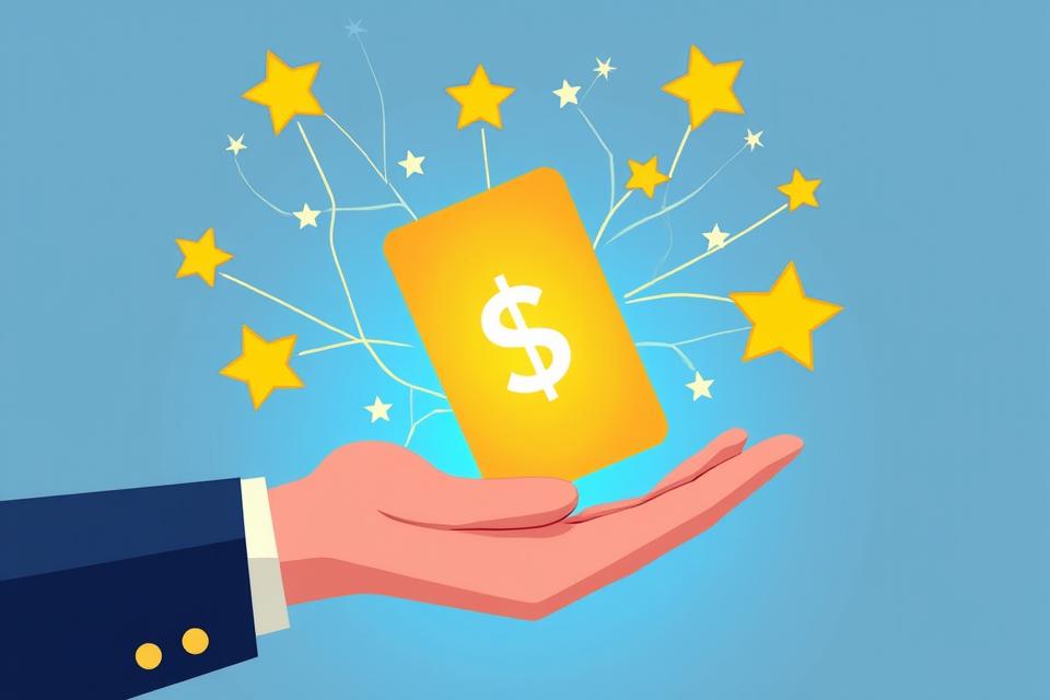 Illustration of a business traveler receiving rewards points for an executive car rental, showing loyalty cards and badges.