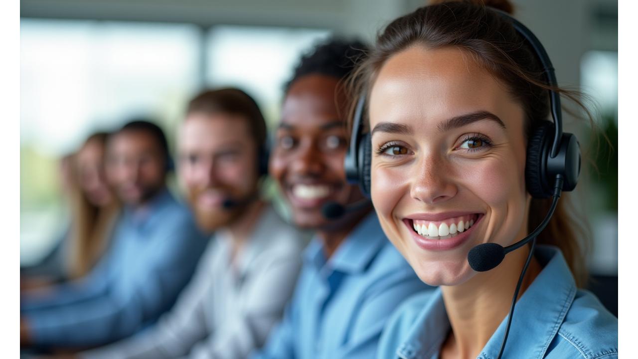 Diverse team of Car Rental Canada customer support agents smiling and ready to help, in a modern office.