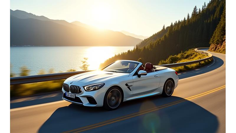 A luxurious white convertible car driving along a scenic coastal highway in Canada during sunny weather, with the ocean and mountains in the background. The top is down.