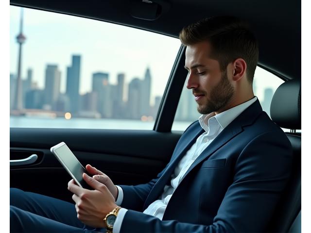 Business professional in a suit looking at a tablet inside a sleek car with a city skyline in the background