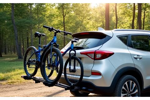 Car with a bike rack attached, carrying two mountain bikes, ready for cycling trails in Canada.