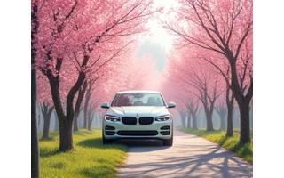 Car driving past blooming cherry blossom trees in a Canadian park, representing spring car rental exploration.