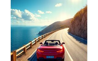 Convertible car driving along a sunny coastal road in summer, emphasizing freedom and fun with car rental.